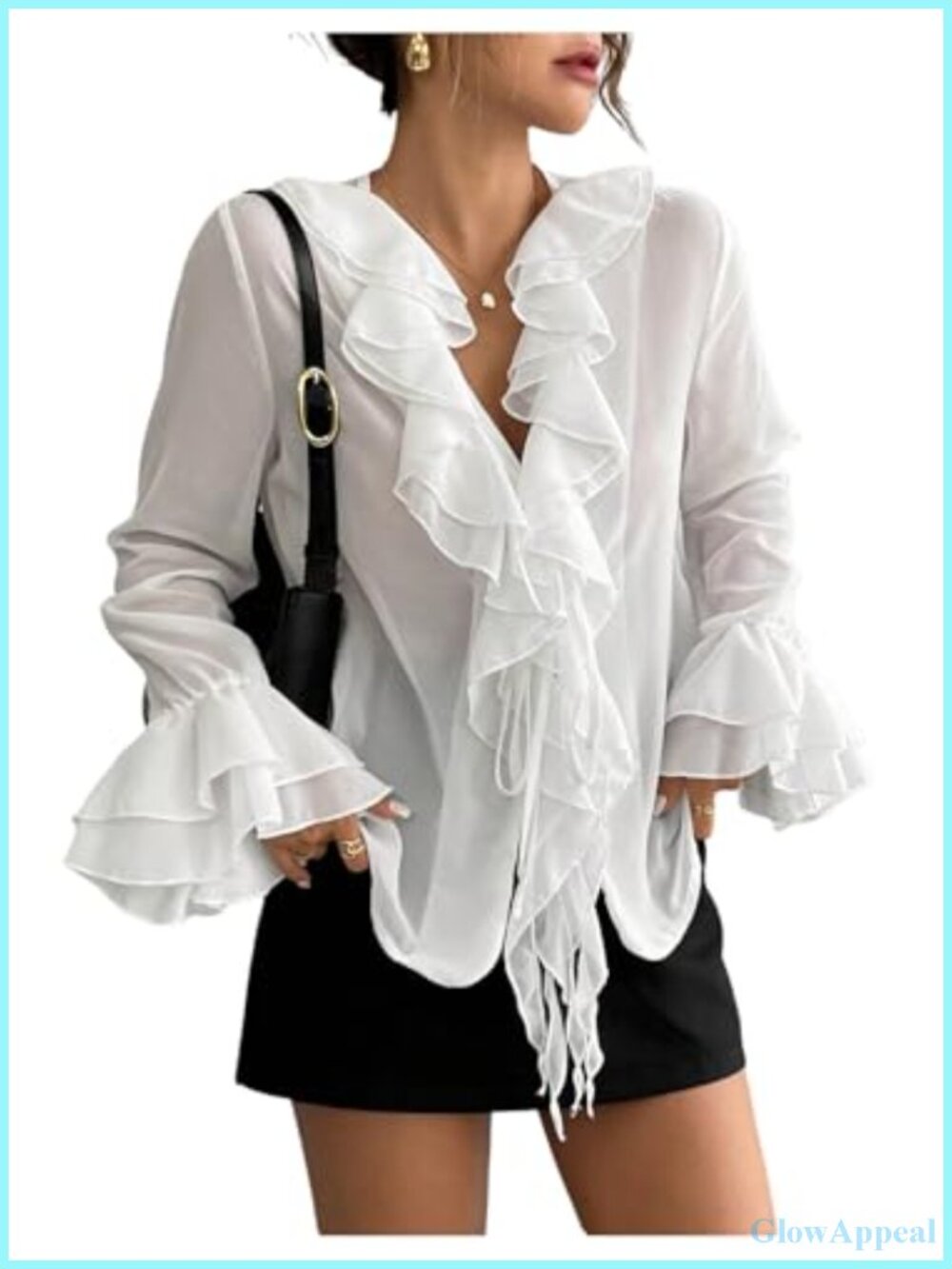 Sheer Chiffon Ruffle Blouse Women's V-Neck Flare Sleeve Knot Front